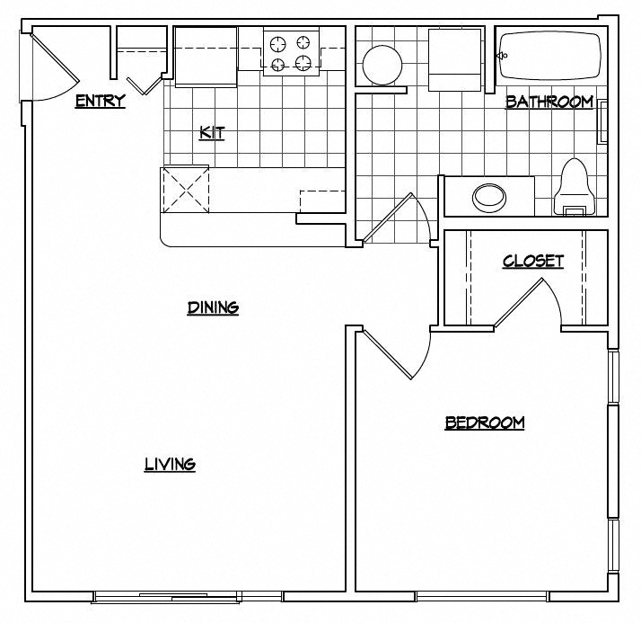 Floor plan for 1 bed, 1 bath, 686 sqft